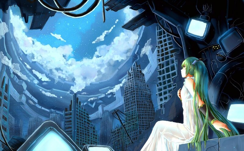 Green-haired Girl in Ruins — Blue, Dramatic, Night, Anime
