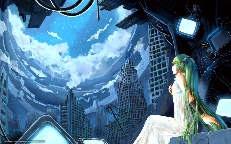 Green-haired Girl in Ruins — Blue, Dramatic, Night
