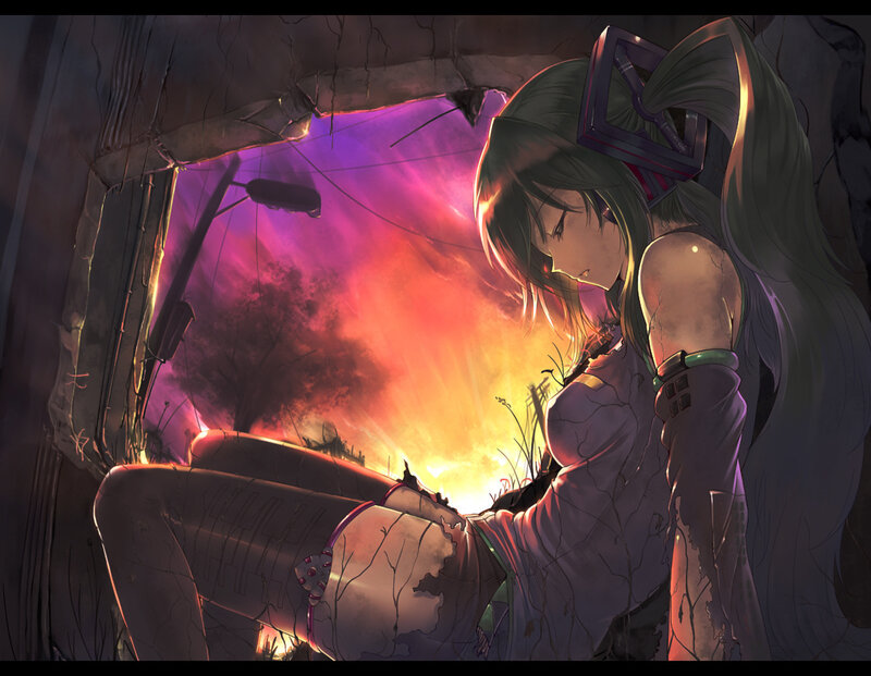 Green-haired Girl in Ruins — Purple, Dramatic, Sunset