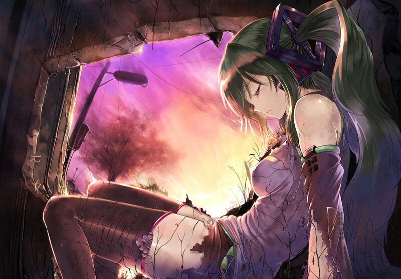 Green-haired Girl in Ruins — Purple, Dramatic