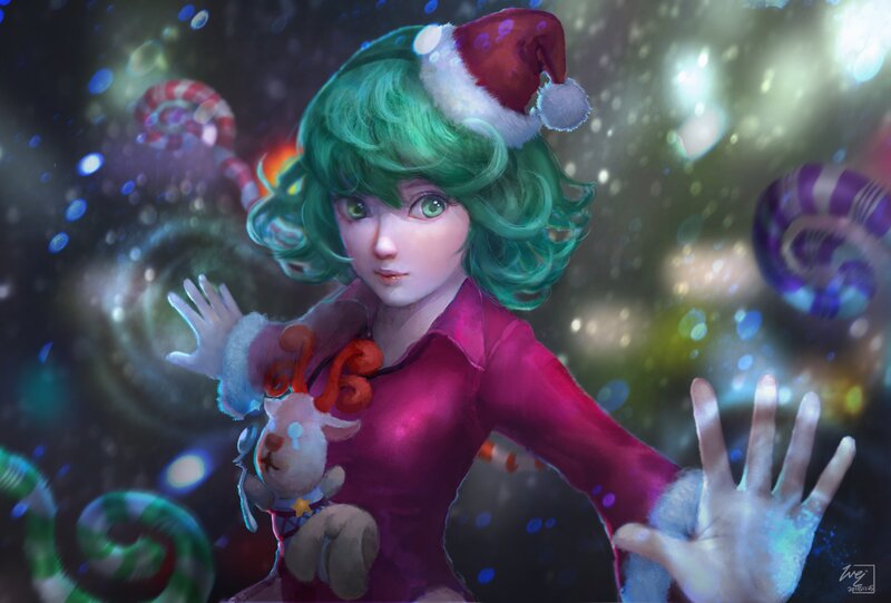 Green-haired Girl in Santa Hat