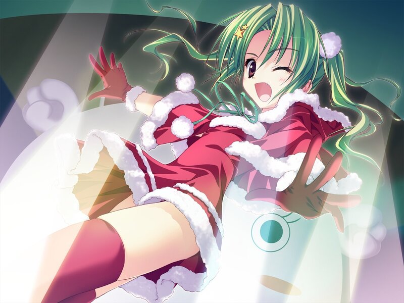 green-haired girl in santa outfit