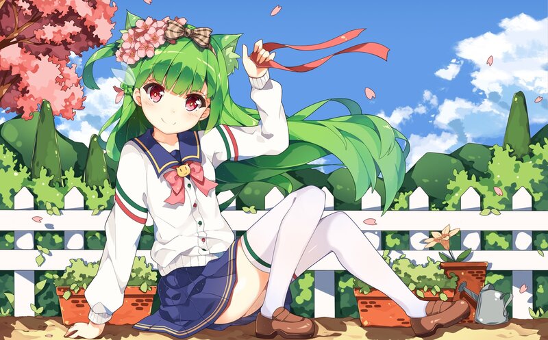 Green-haired Girl in School Uniform — Green, Serene, Spring, Anime, Cherry Blossoms