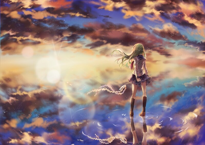 Green-haired Girl in Skirt — Blue, Dramatic