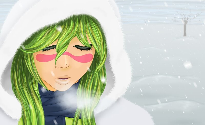 green-haired girl in snow