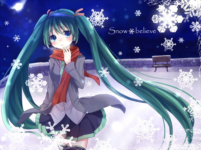 Green-haired Girl in Snow — Blue, Serene, Night, Anime