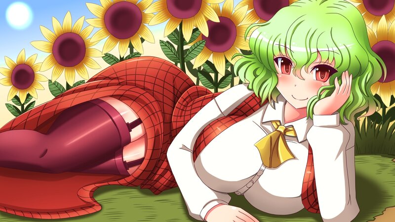 Green-haired girl in sunflower field
