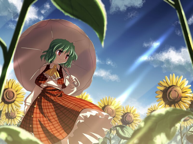 Green-haired girl in sunflower field