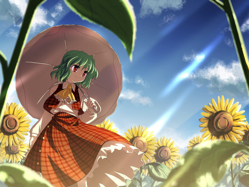 Green-haired girl in sunflower field