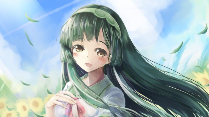 green-haired girl in sunflowers