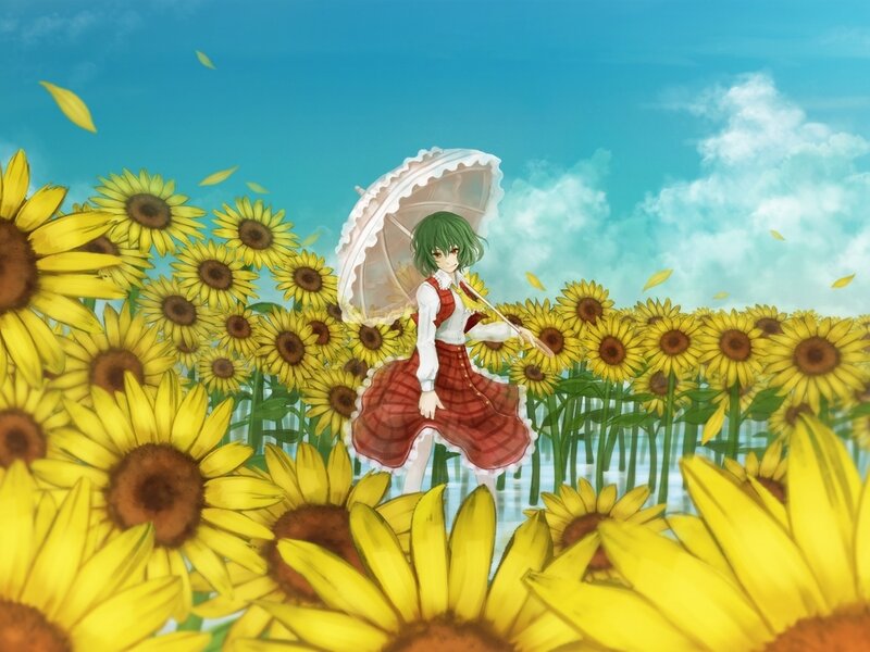 Green-haired Girl in Sunflowers — Yellow, Serene