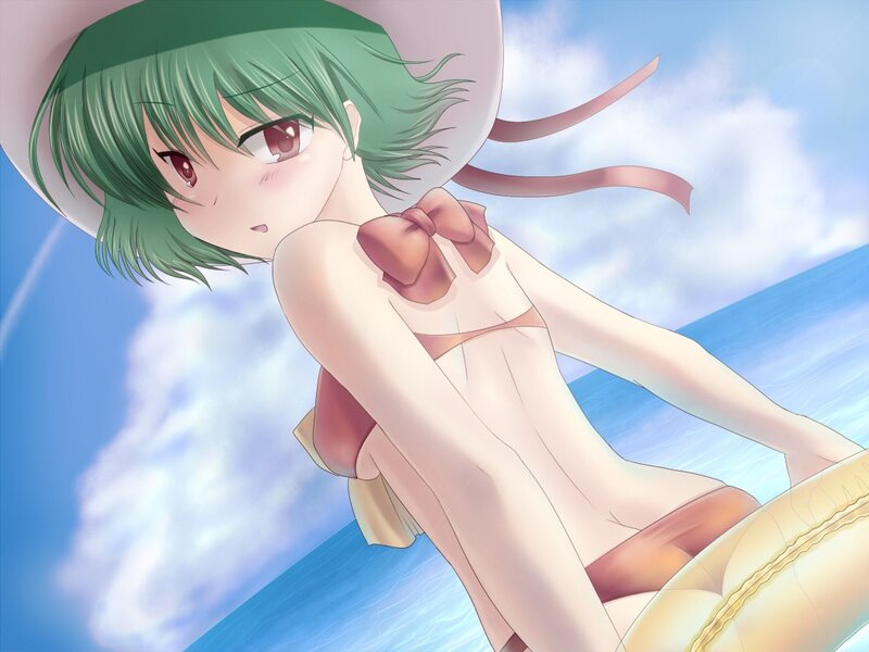 green-haired girl in swimsuit