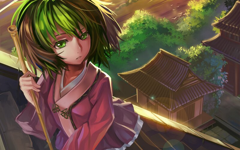 green-haired girl in traditional attire