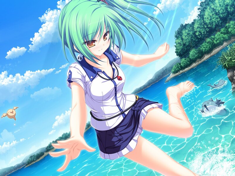 green-haired girl in water