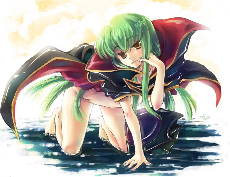 green-haired girl in water