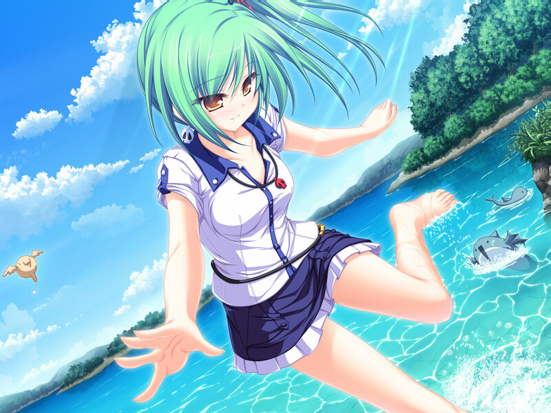 Green-haired Girl in Water — Blue, Playful, Afternoon