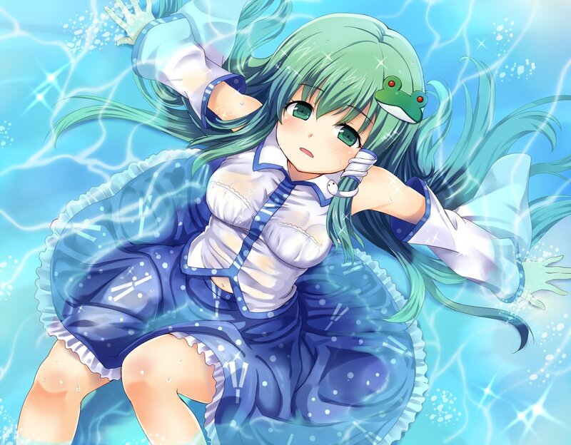 Green-haired Girl in Water — Blue, Playful, Anime