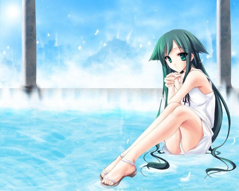 Green-haired Girl in Water — Blue, Serene, Afternoon, Anime