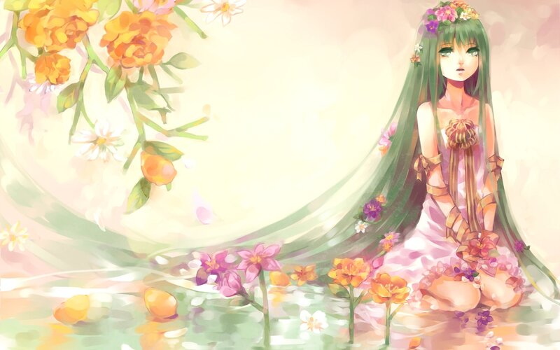 Green-haired Girl in Water — Pink, Serene, Spring, Digital Art