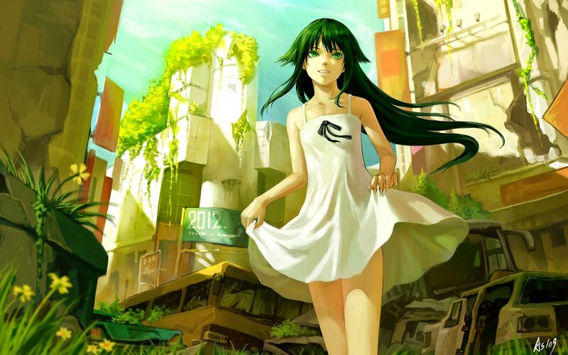 Green-haired girl in white dress
