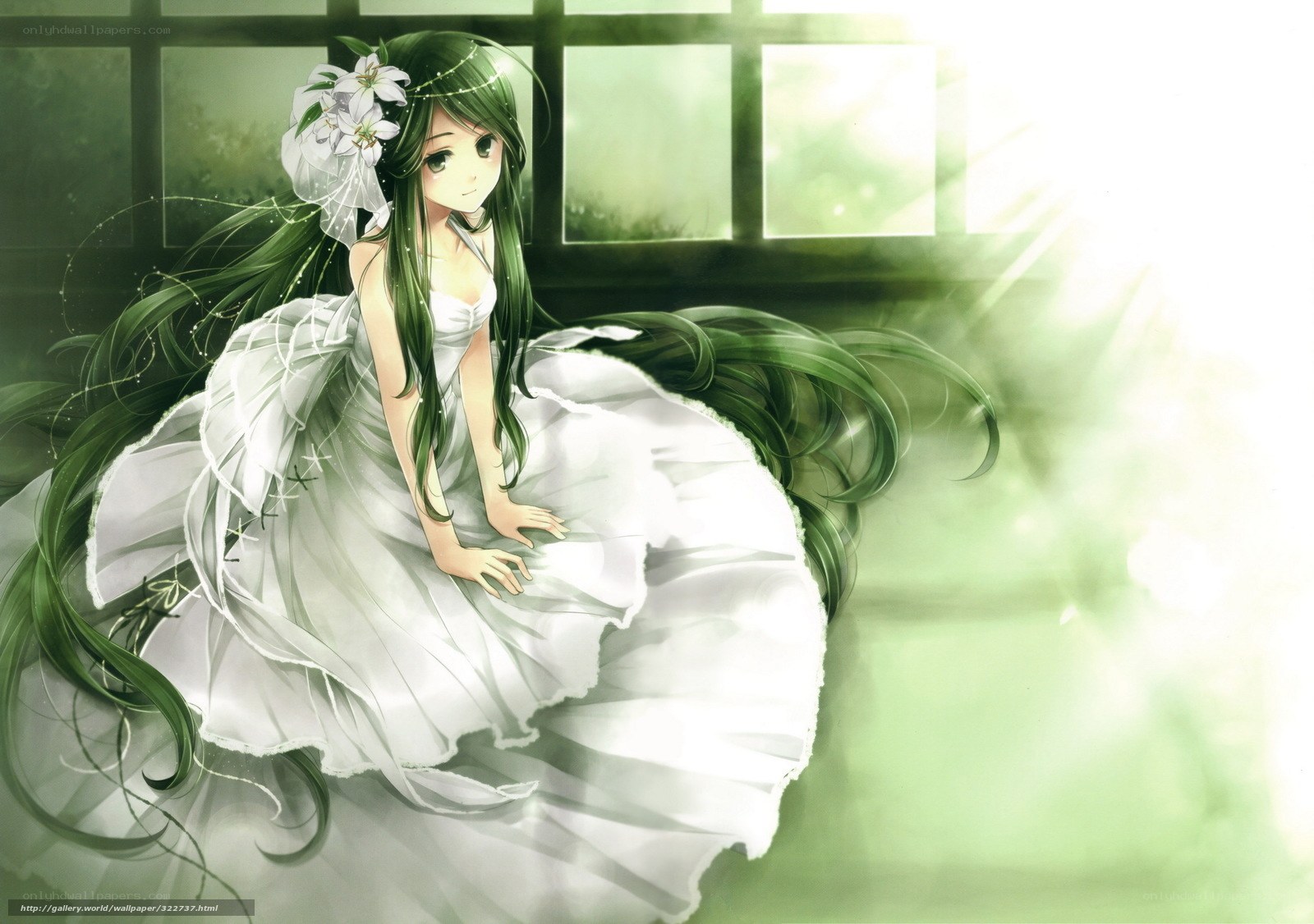 Green-haired girl in white dress