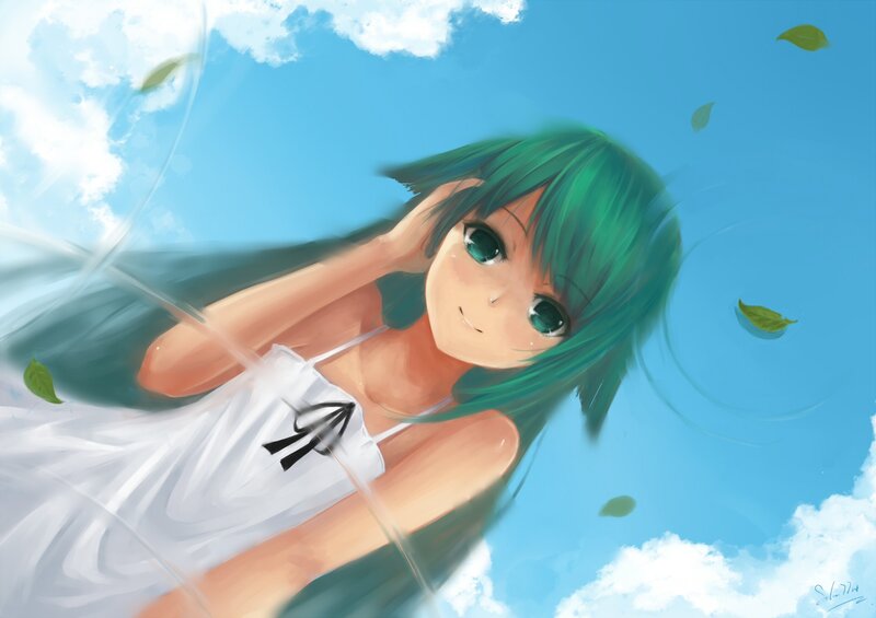 Green-haired Girl in White Dress — Blue, Serene, Afternoon