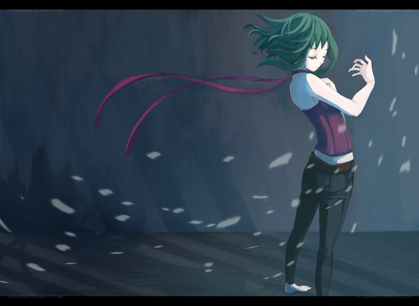 green-haired girl in wind