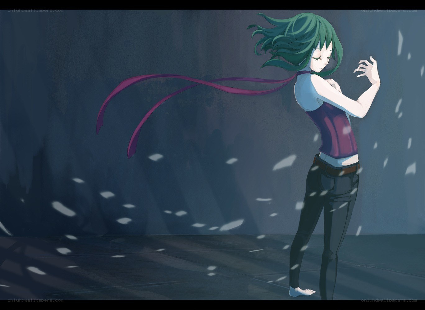 green-haired girl in wind