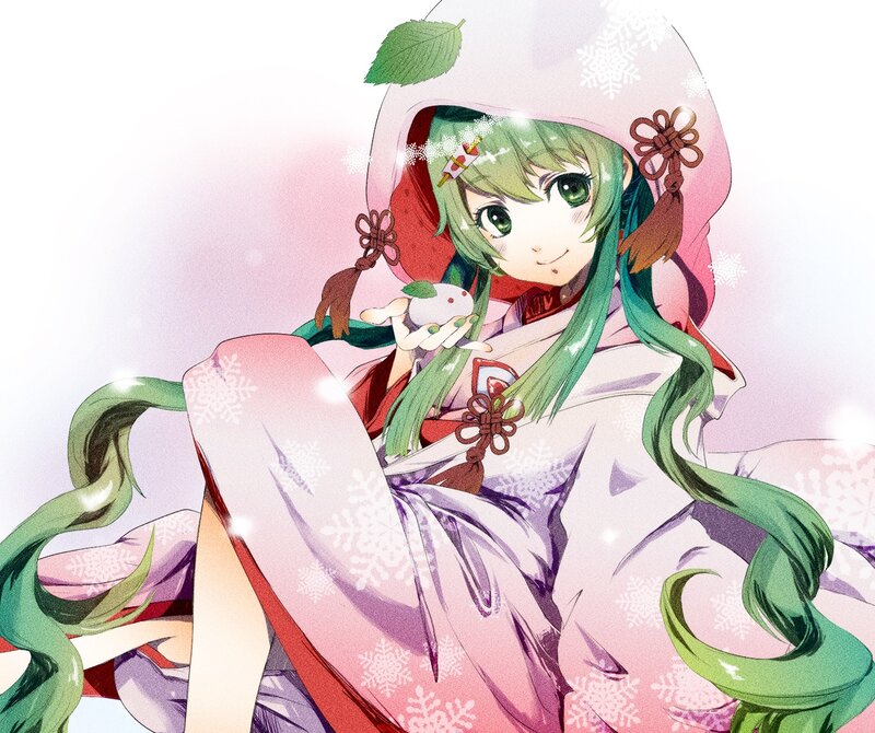 green-haired girl in winter kimono
