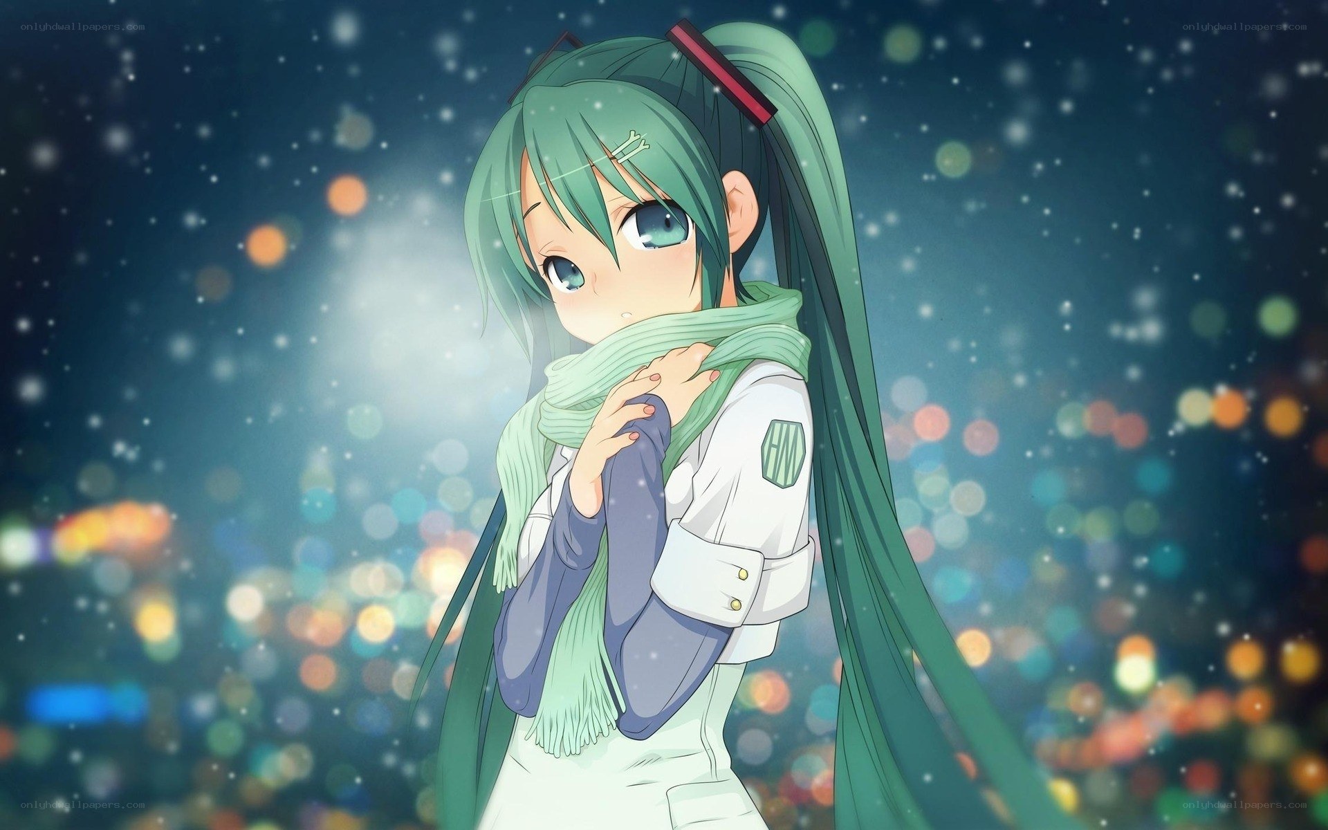 green-haired girl in winter scarf