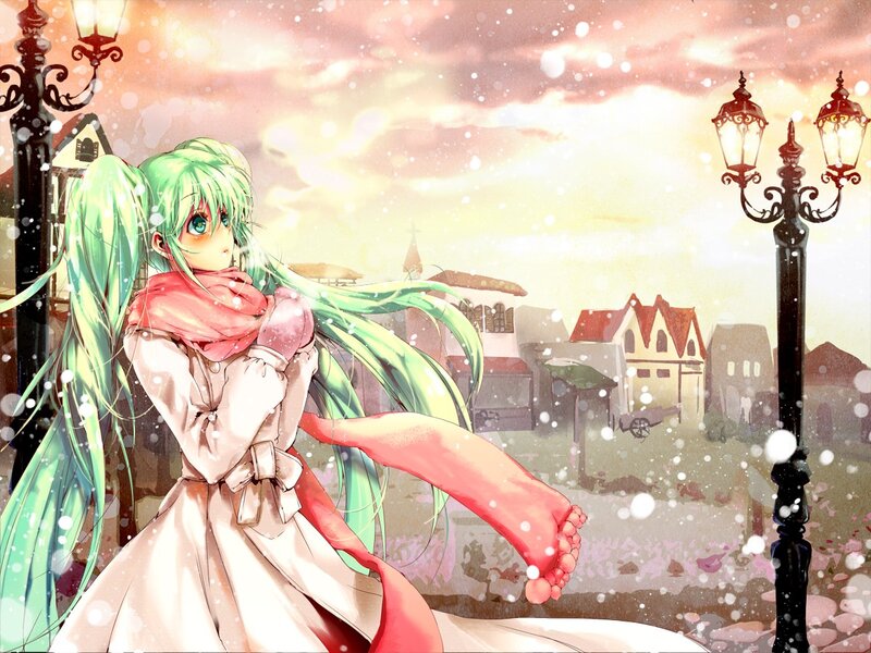 Green-haired girl in winter town