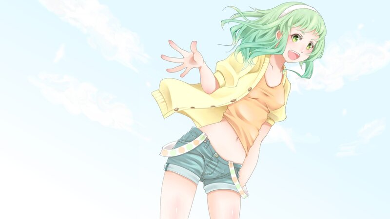 green-haired girl in yellow cardigan