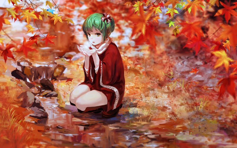 Green-haired Girl Kneeling — Red