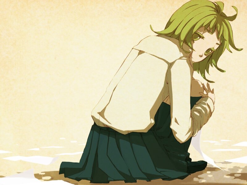 green-haired girl kneeling