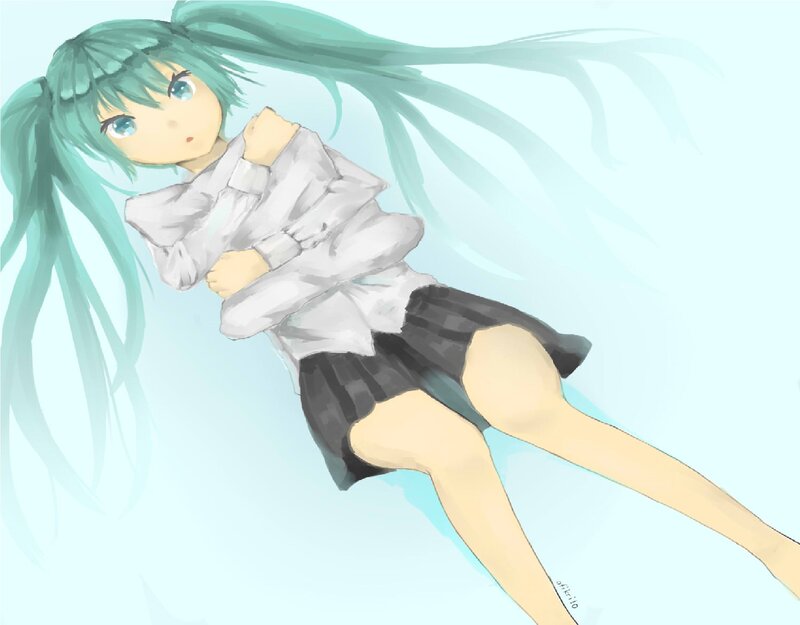 Green-haired Girl Lying Down — Cyan, Calm, Digital Art