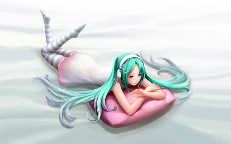 Green-haired Girl Lying Down — Cyan, Calm