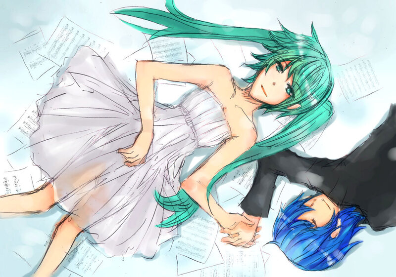 Green-haired Girl Lying Down — Green, Calm, Anime, Blue-haired Boy
