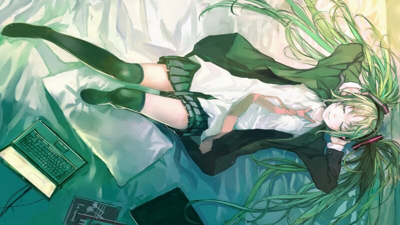 Green-haired Girl Lying Down — Green, Calm, Digital Art