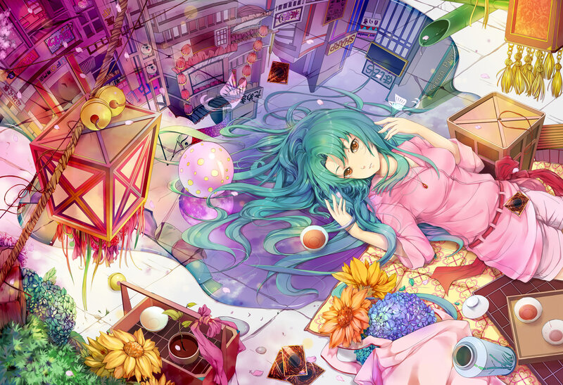 Green-haired Girl Lying Down — Pink, Serene