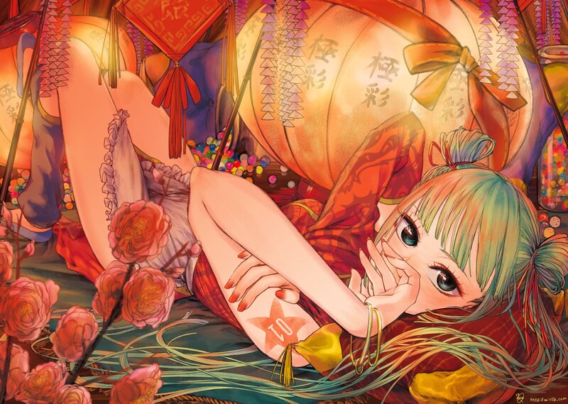Green-haired Girl Lying Down — Red, Festive