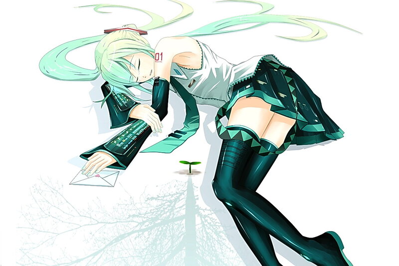 Green-haired Girl Lying Down — White, Calm