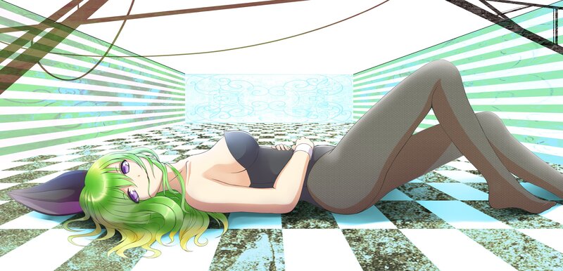 green-haired girl lying on floor