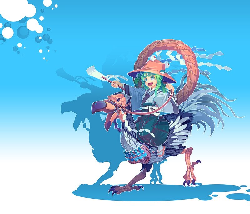 green-haired girl on a bird