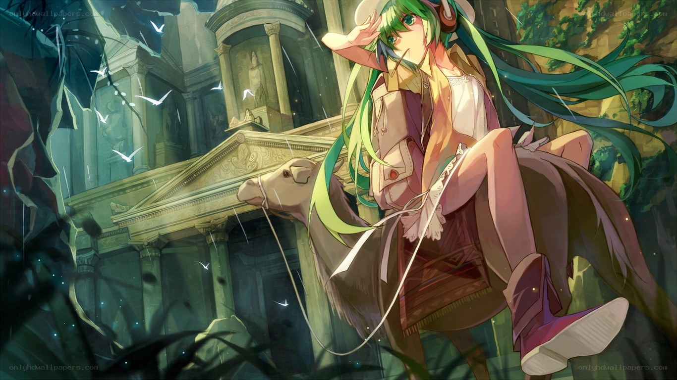 green-haired girl on a camel