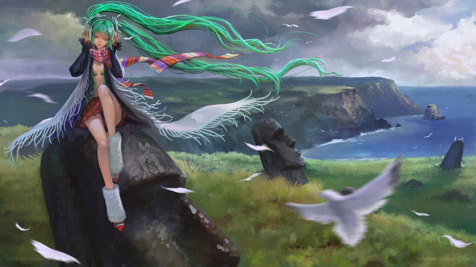 green-haired girl on a cliff