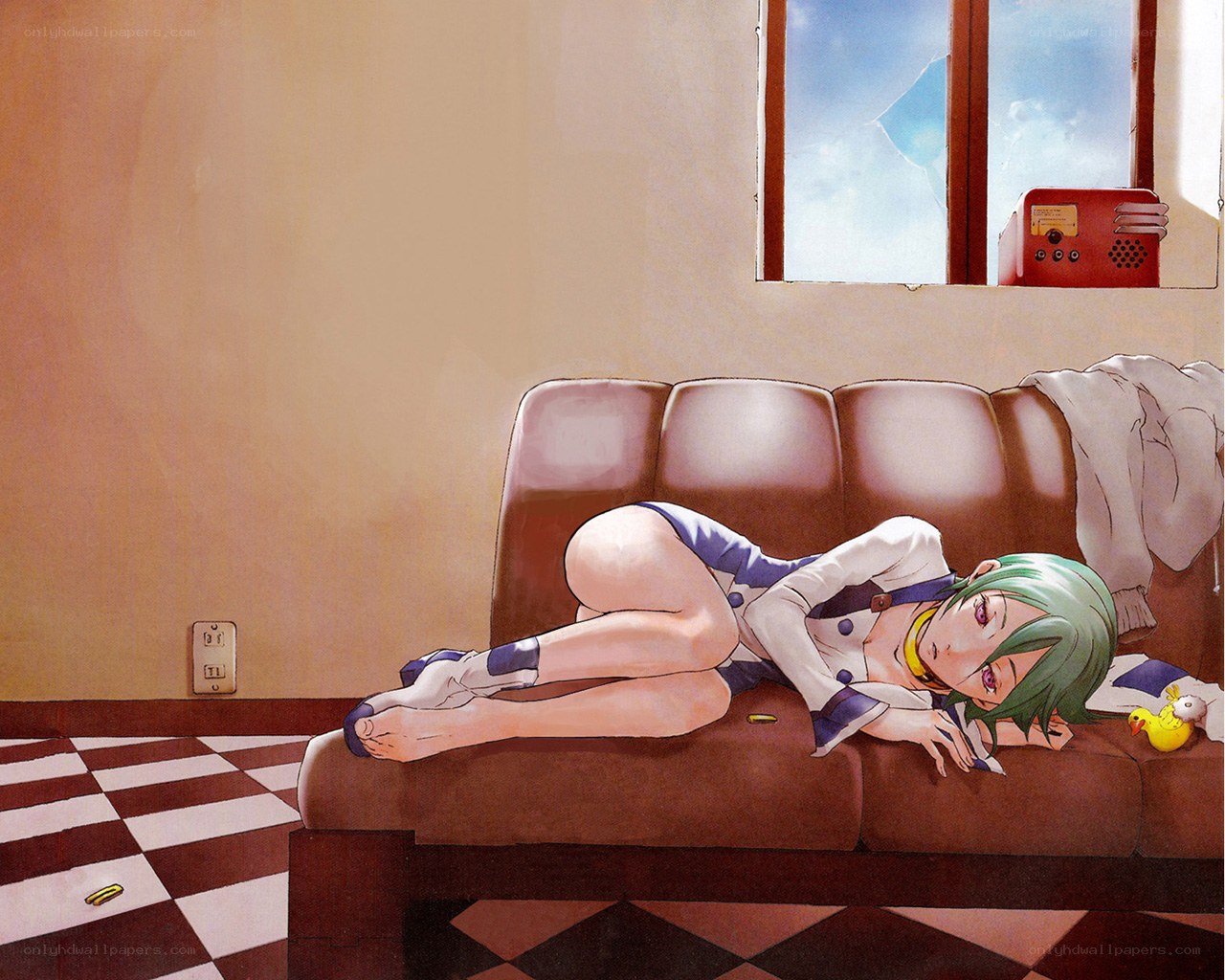 Green-haired girl on a couch