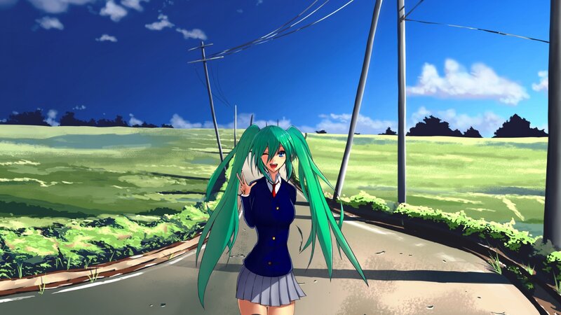 green-haired girl on a country road