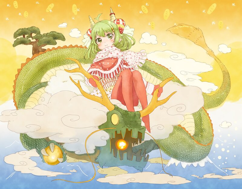 green-haired girl on a dragon