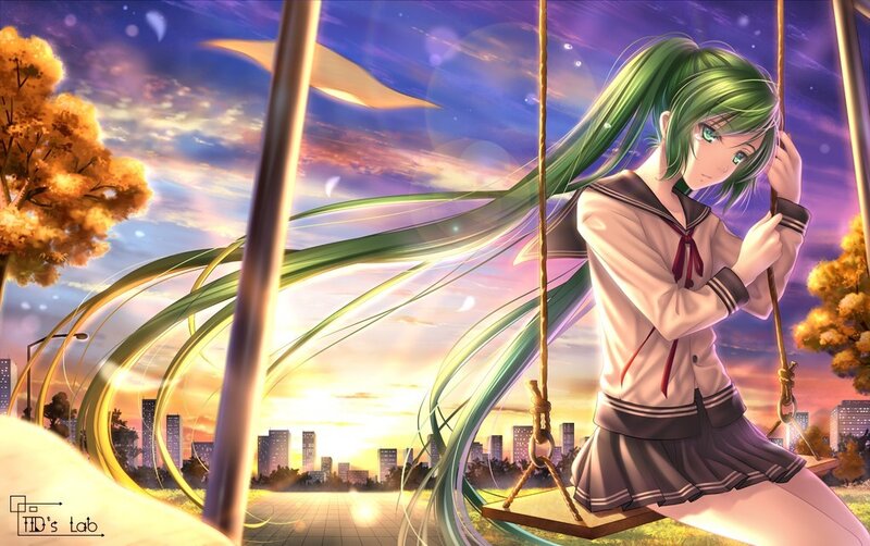 Green-haired girl on a swing