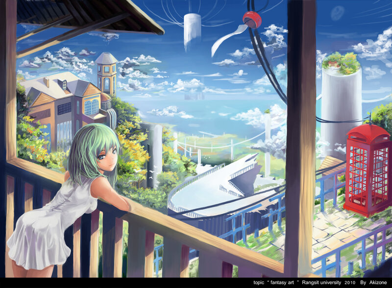 Green-haired Girl on Balcony